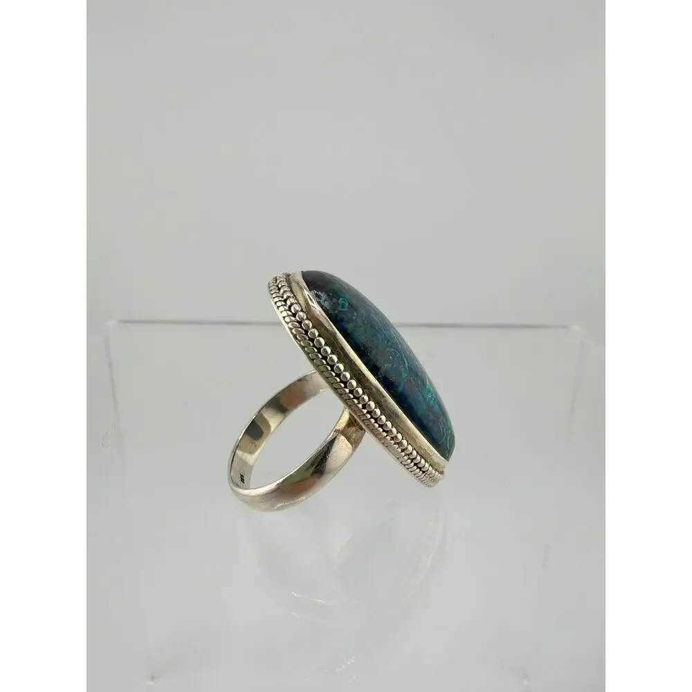 Large Oval Chrysocolla Twisted Rope Border 925 Sterling Silver Ring Size 7.5